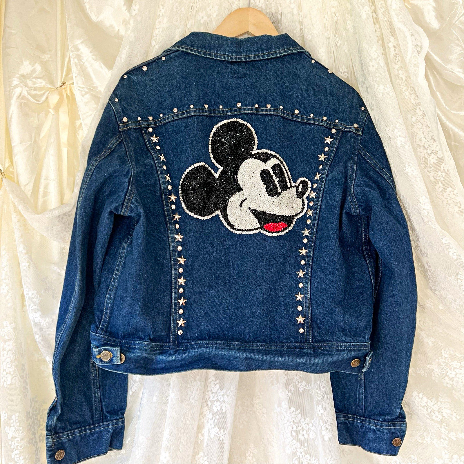 Vintage Lee Made in USA Mickey Mouse Beaded Studded Denim Jacket Y2K Western
