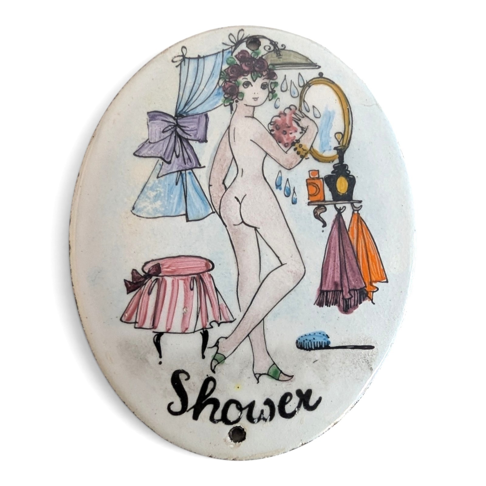 Vintage Steinbock‑Email Shower Door Plaque Austria Hand‑Painted Enamel Wall Sign