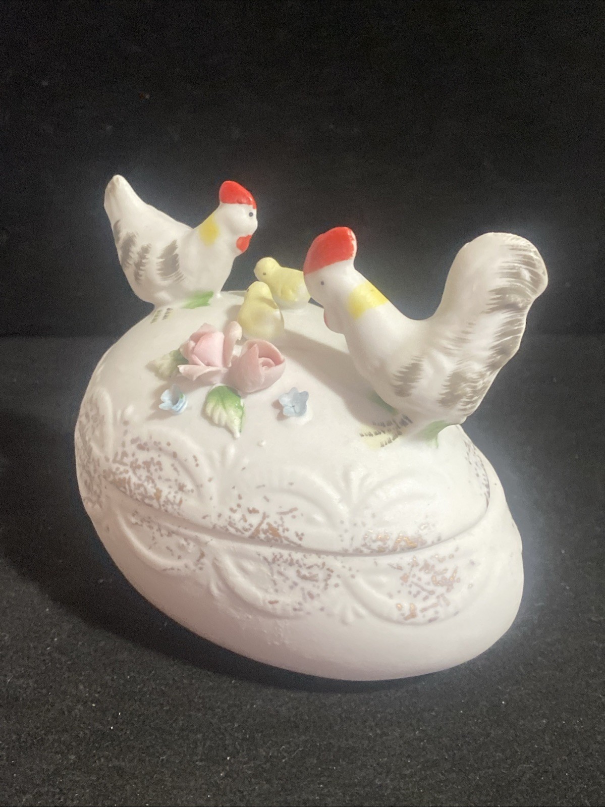 Lefton Trinket Egg Chicken Rooster Hen Chicks Flowers Made In Japan Vintage