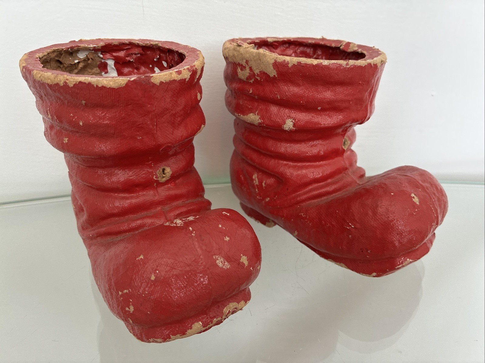 Antique Pulp Paper Mache Red Santa Christmas Boots Pair