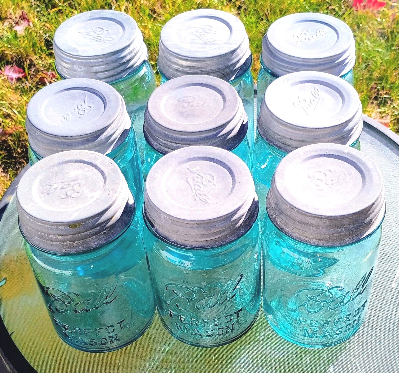 Lot of 9 Vintage Ball Perfect Mason Pint Jars Aqua Blue W/Zinc Porcelain Lids Lot of 9 Vintage Ball Perfect Mason Pint Jars Aqua Blue W/Zinc Porcelain Lids