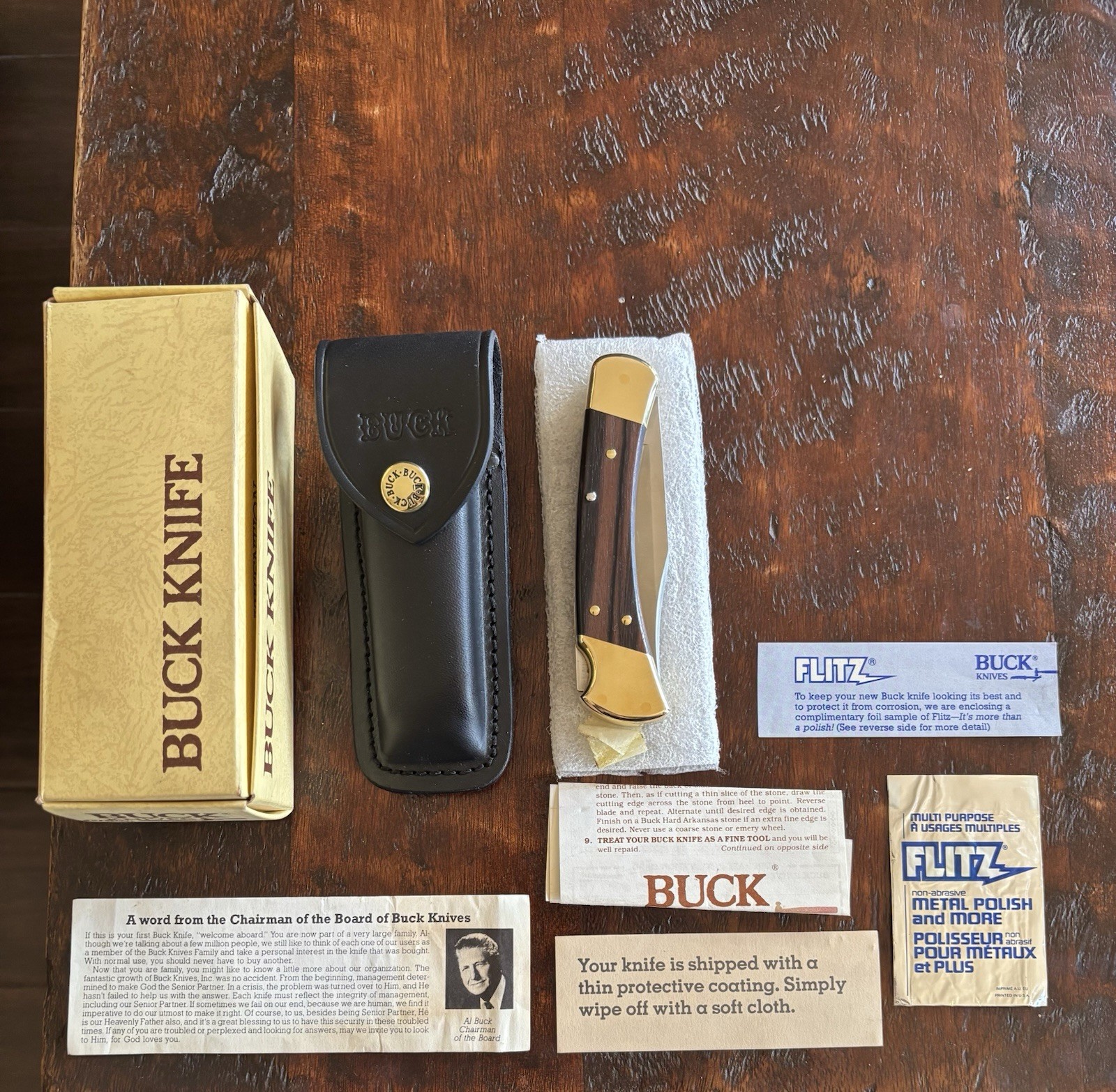 Vintage 1981 Buck 110 Knife w/brass/wood Buck Sheath Papers & Box Mint New,Rare