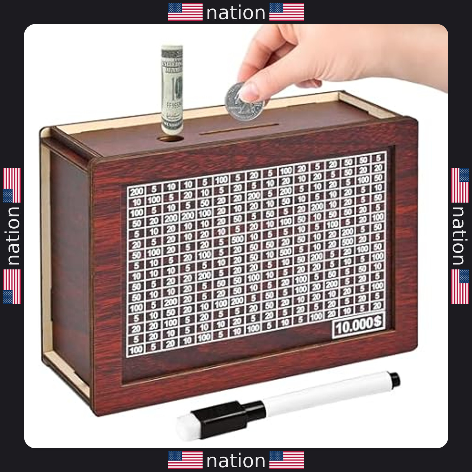 10K Savings Challenge Box - Wooden Piggy Bank for Kids & Adults, Reusable