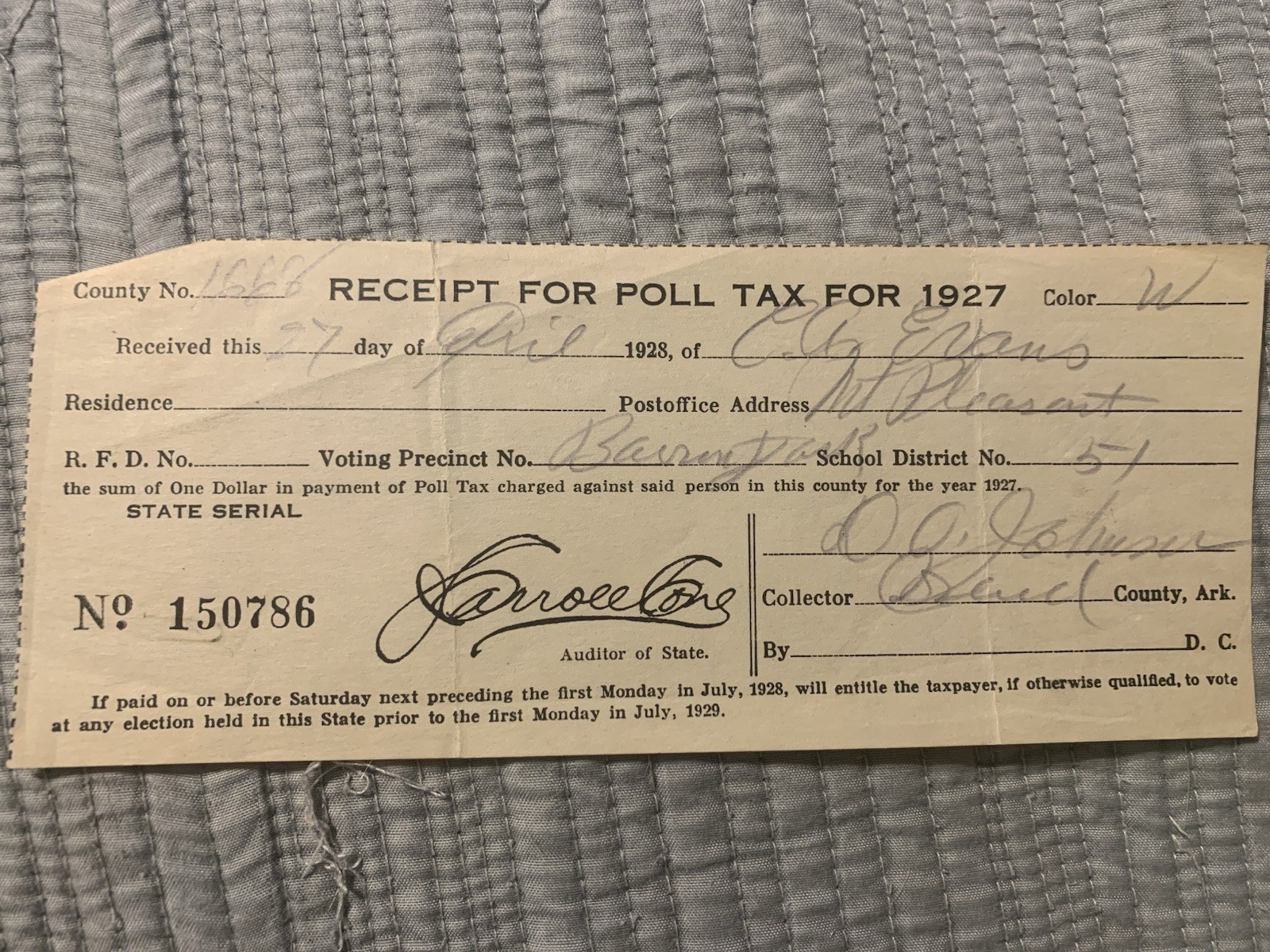 1927 POLL TAX RECEIPT Arkansas  - Paper Vintage Election Vote