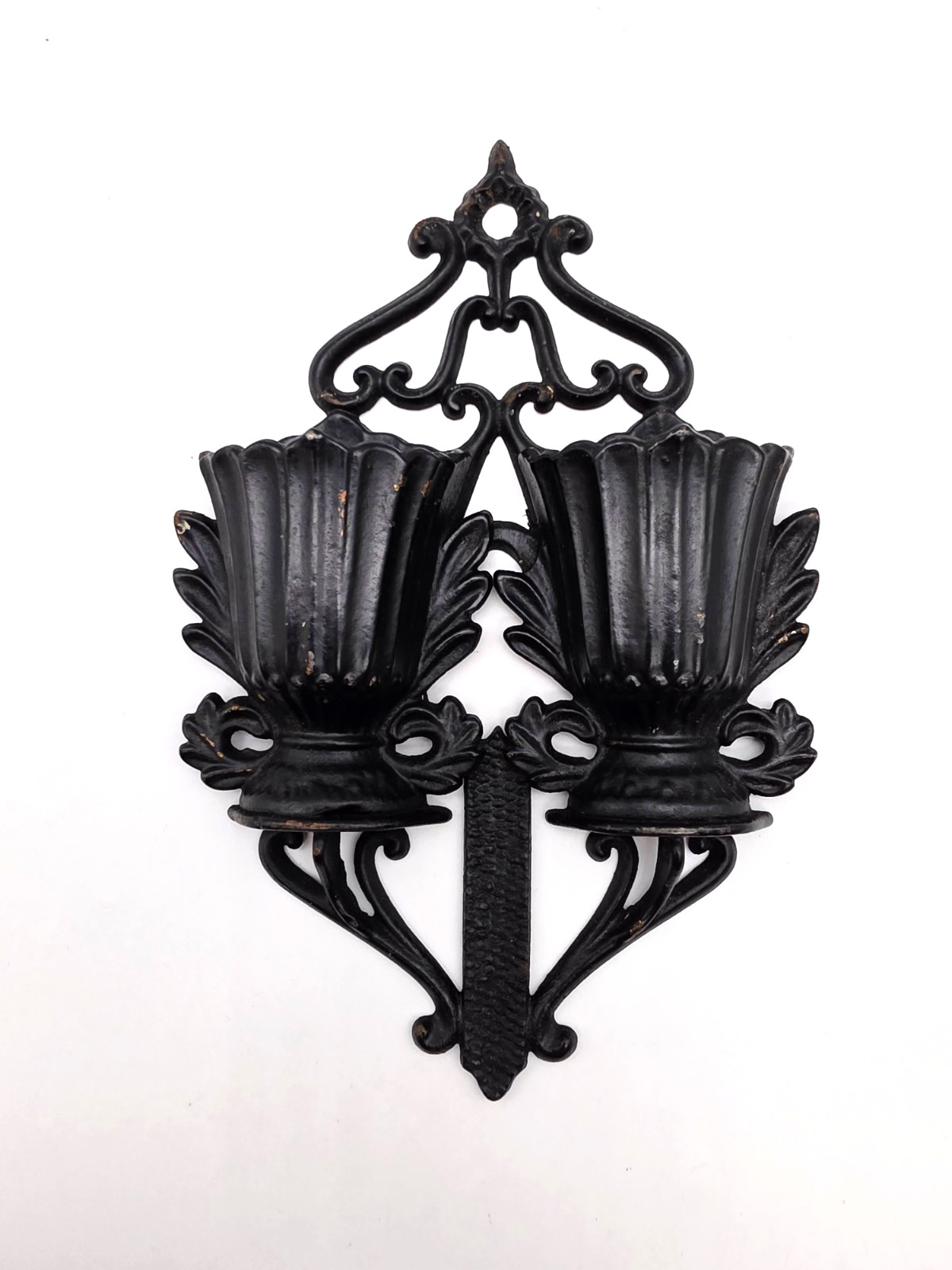 PATENTED 1867 ANTIQUE CAST IRON DOUBLE URN MATCH SAFE WALL POCKET W/STRIKER NICE