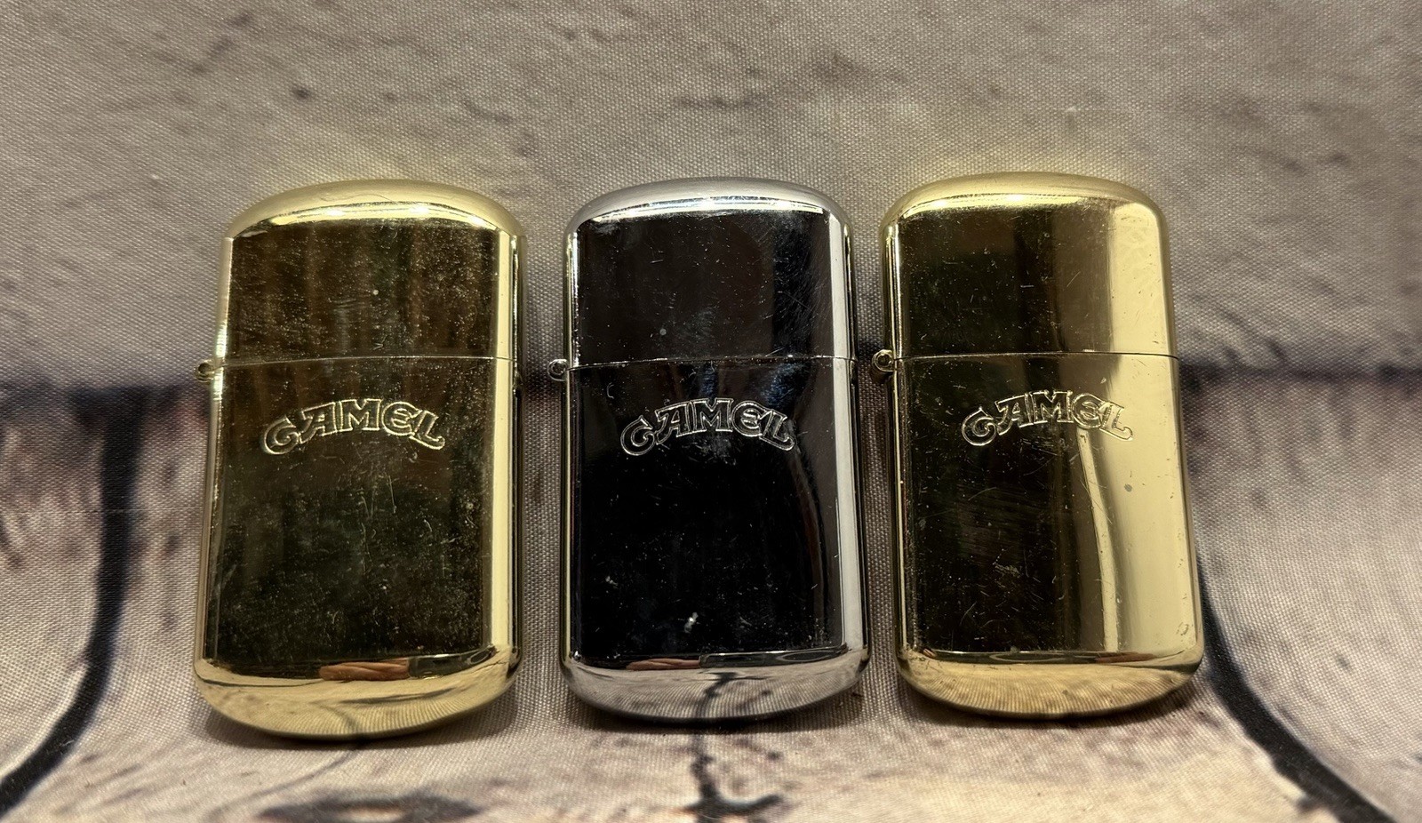 Vintage Camel Cigarettes Lighters Lot of 2 1990's Rounded Gold Silver Joe Camel