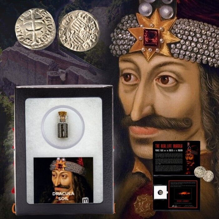 Genuine Vial Dracula Soil & Ancient Silver Dinar Coin of Dracula Album. COA.