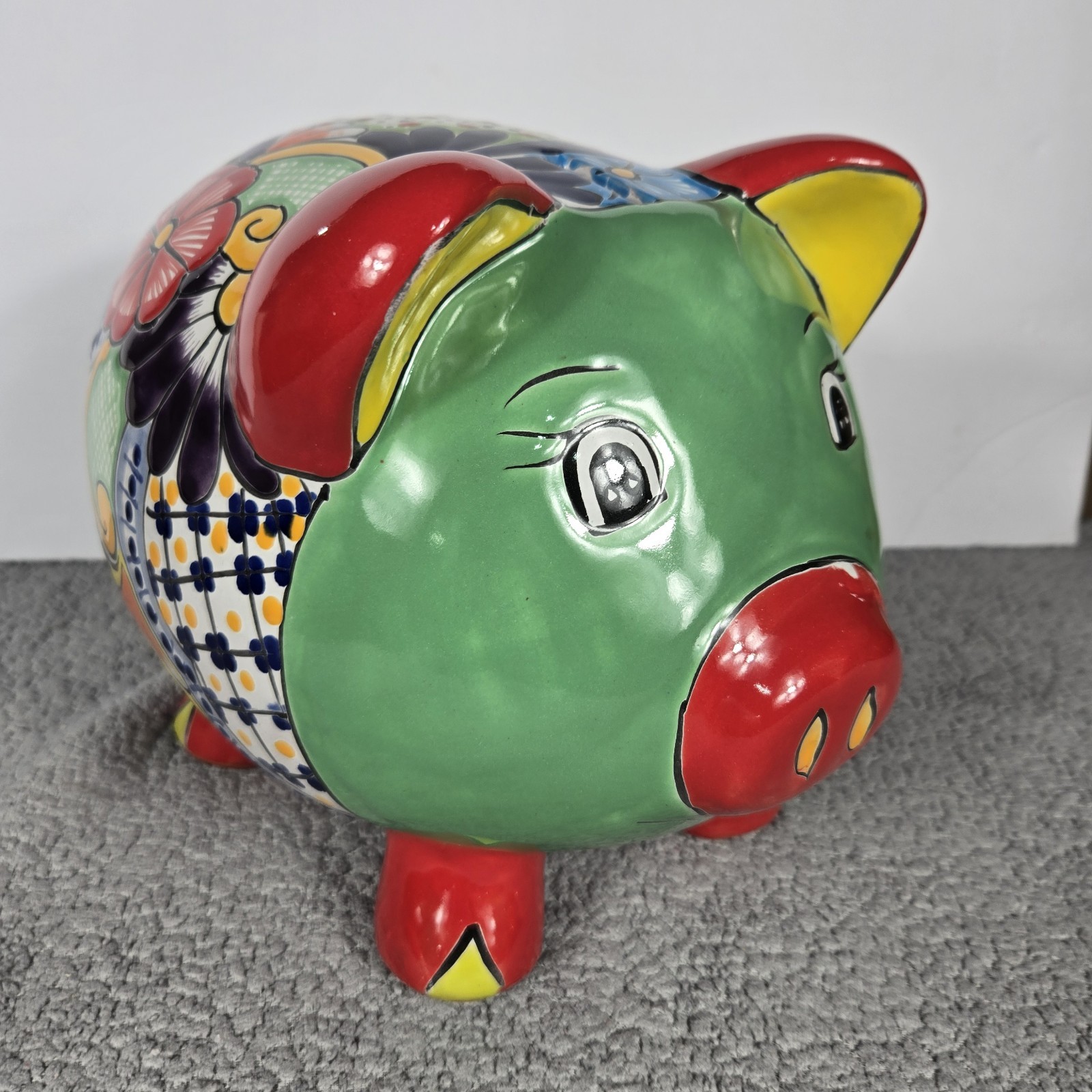 Talavera Piggy Bank Mexican Pottery Art  Hand Painted 9.5 x 7.5 X 8 In
