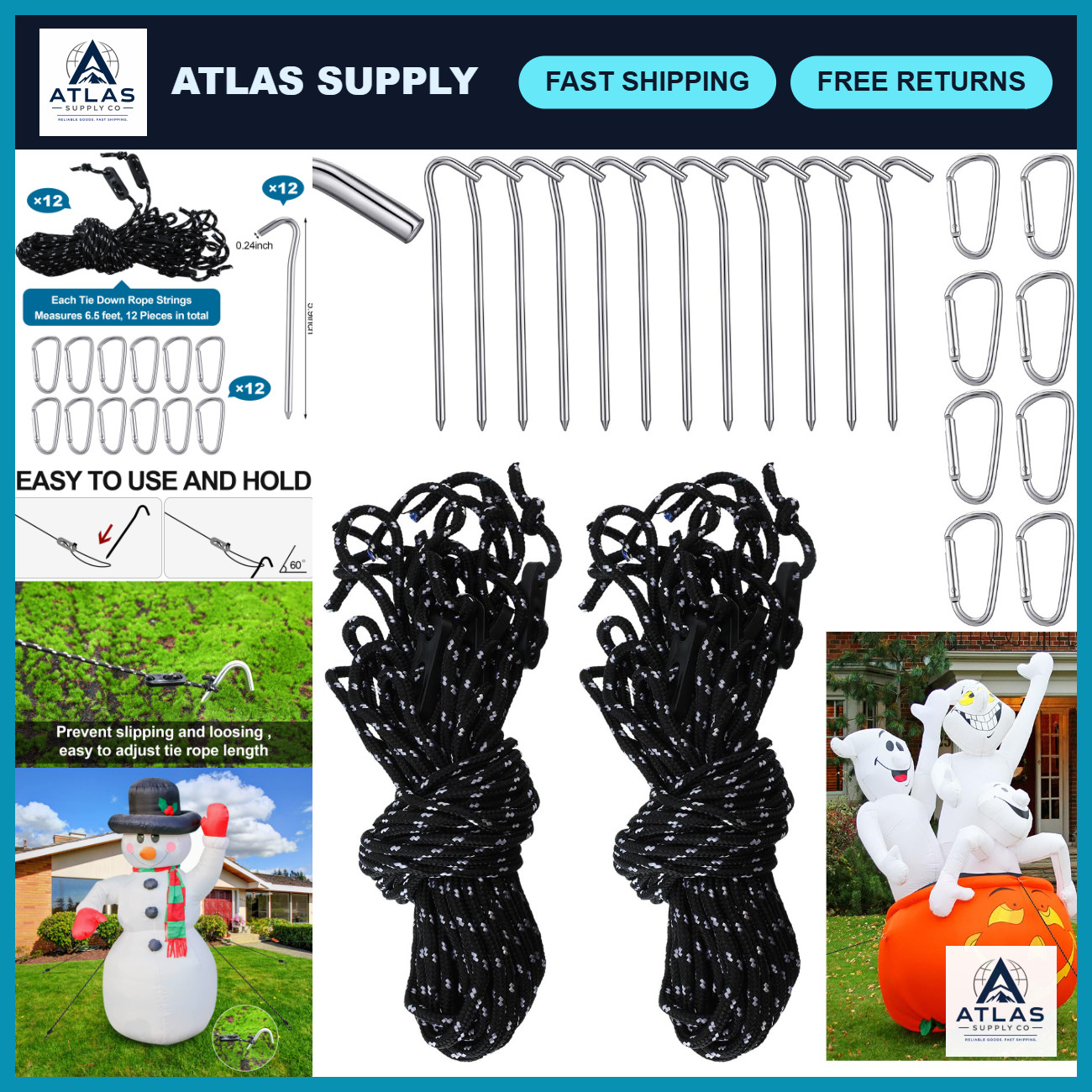 36 Pcs Halloween Inflatable Stakes Kit with 6.5 ft Rope & Hooks for Outdoor Deco