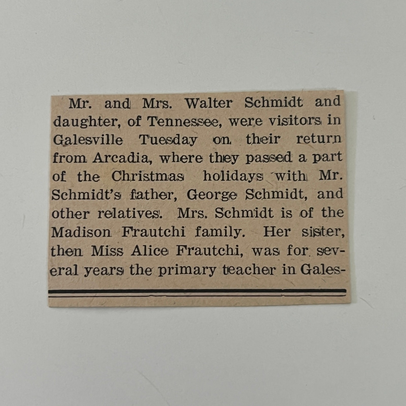 Mr. & Mrs. Walter Schmidt Visits Galesville 1936 Galesville WI Clipping SAH6-S27