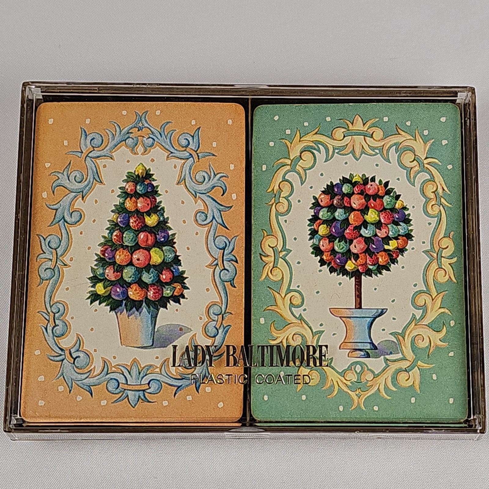 Vintage 1970s Lady Baltimore Playing Cards Double Deck Fruit Topiary Floral Case