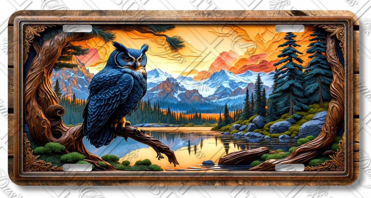 Rustic Blue Owl License Plate – Mountain Sunset Car Tag – LP-AN-OW006