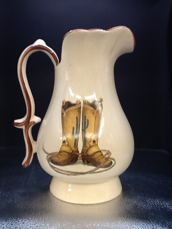 Vintage Western Style Pitcher W Cowboy Boots, Lasso & Cactus, Brown Accents 9in