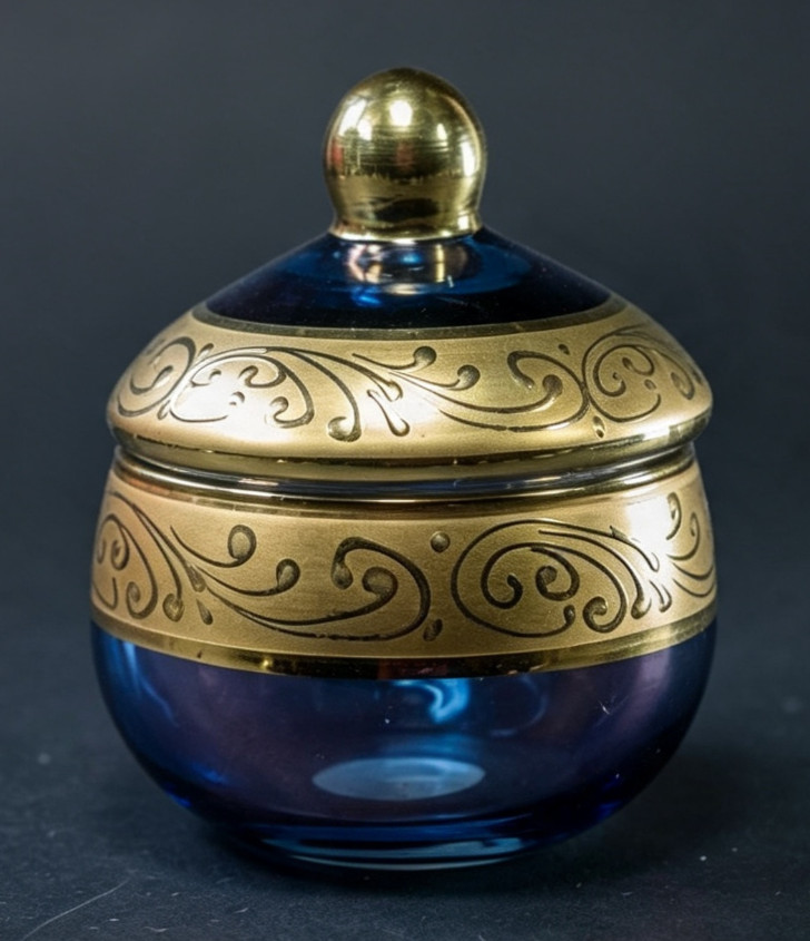 Turkish Purple Iridescent Glass Trinket Pot Gold Gilt Lidded Vanity Powder Pot