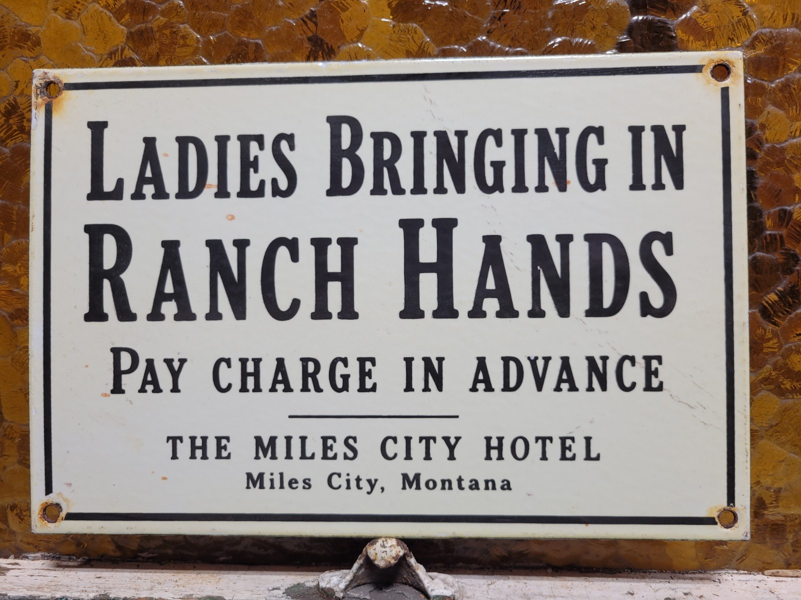 VINTAGE MONTANA PORCELAIN SIGN RARE OLD MILES CITY HOTEL BROTHEL RANCH HAND GIRL