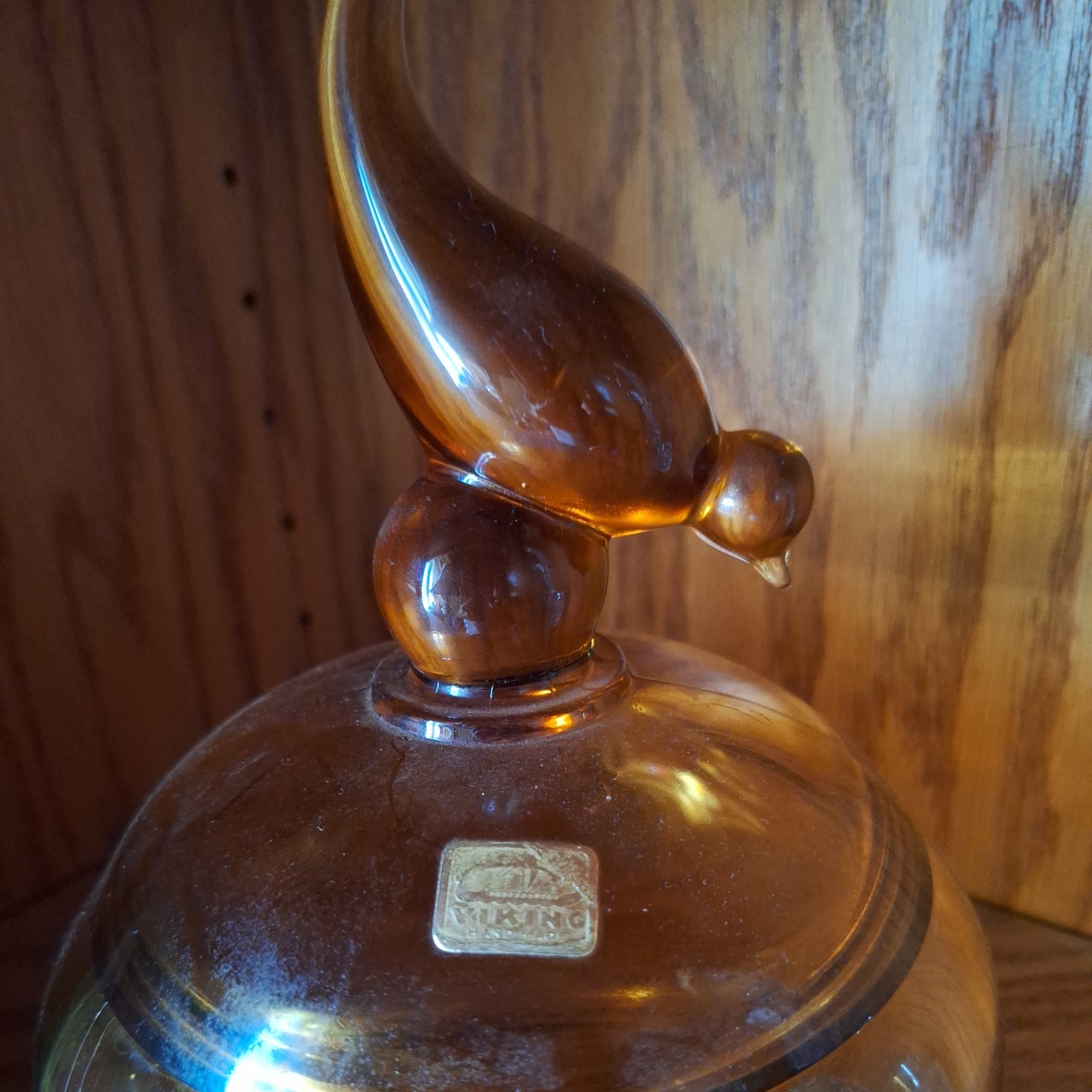 1960s VIKING STAMPED VTG Tailed Bird Amber Glass Candy Jar & lid. GORGEOUS 1960s VIKING STAMPED VTG Tailed Bird Amber Glass Candy Jar & lid. GORGEOUS