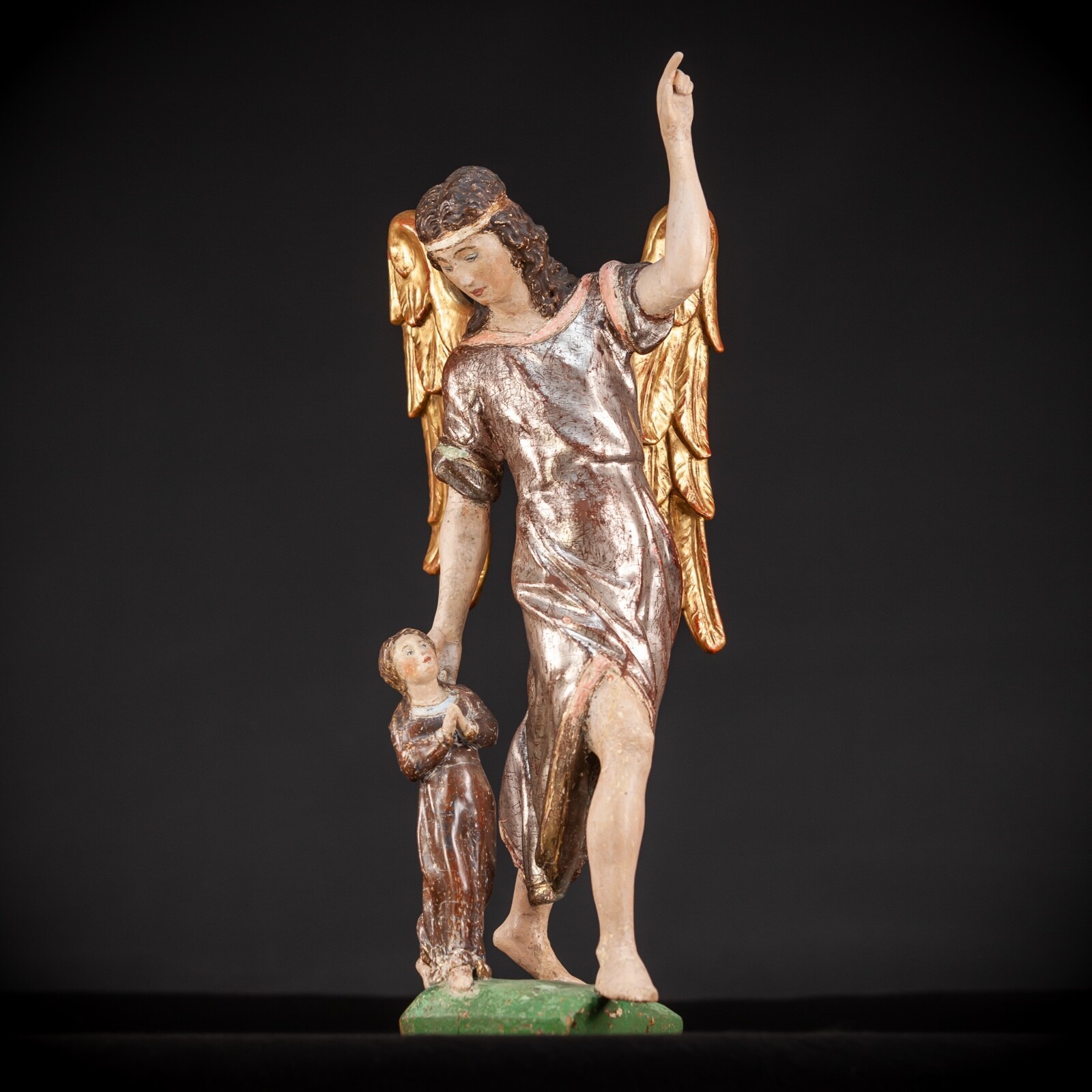 St Raphael The Archangel w Tobias Wooden Sculpture | Antique Wood Statue 20.5”