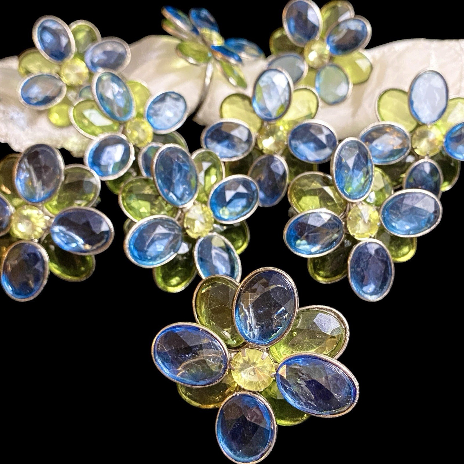 10 VTG Large Bejeweled Brooch Napkin Rings Silver Toned Metal Faceted Prong Set