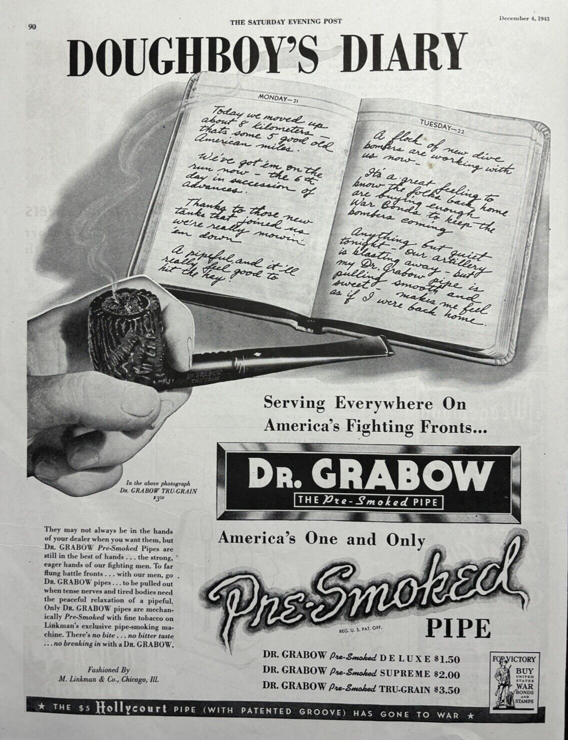 1943 Dr Grabow Pre Smoked Pipe WWII Doughboys Diary Fighting Fronts VTG Print Ad