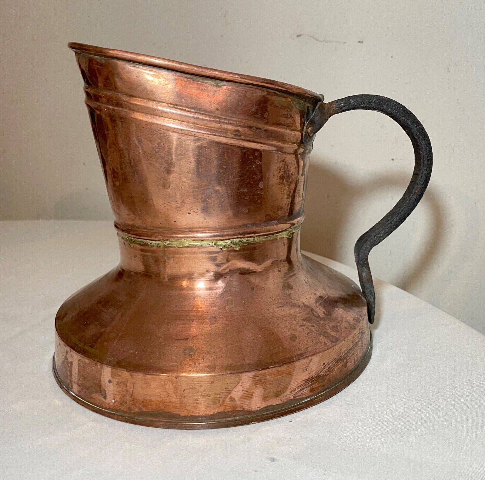RARE antique handmade copper wrought iron dovetailed spittoon jug pot w/ handle