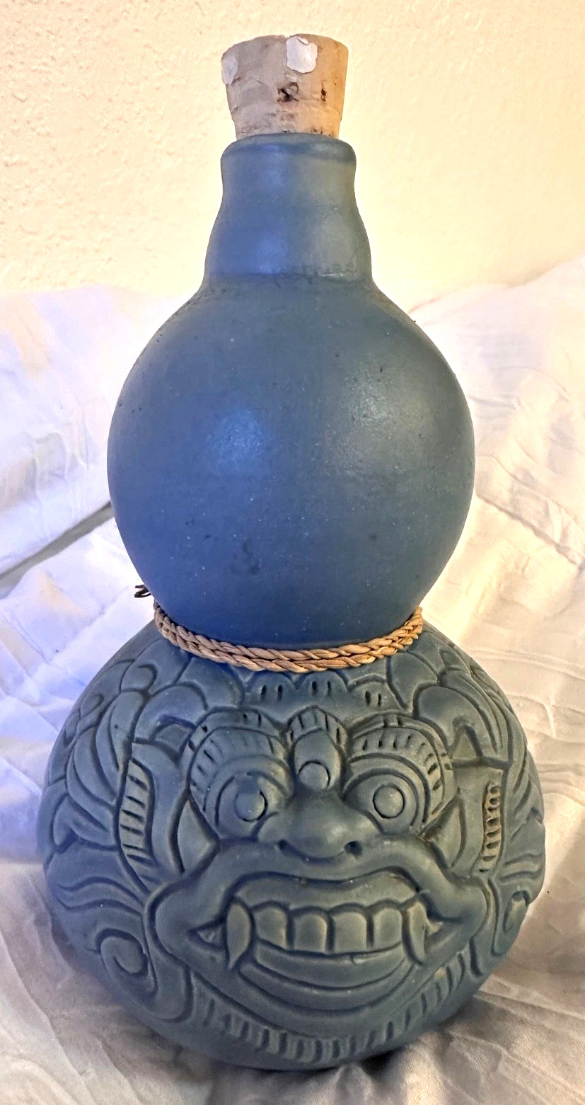 Vintage Arak Bali Gwan Hoo (GGH) Indonesia Ceramic Decanter Blue Tiki Barware