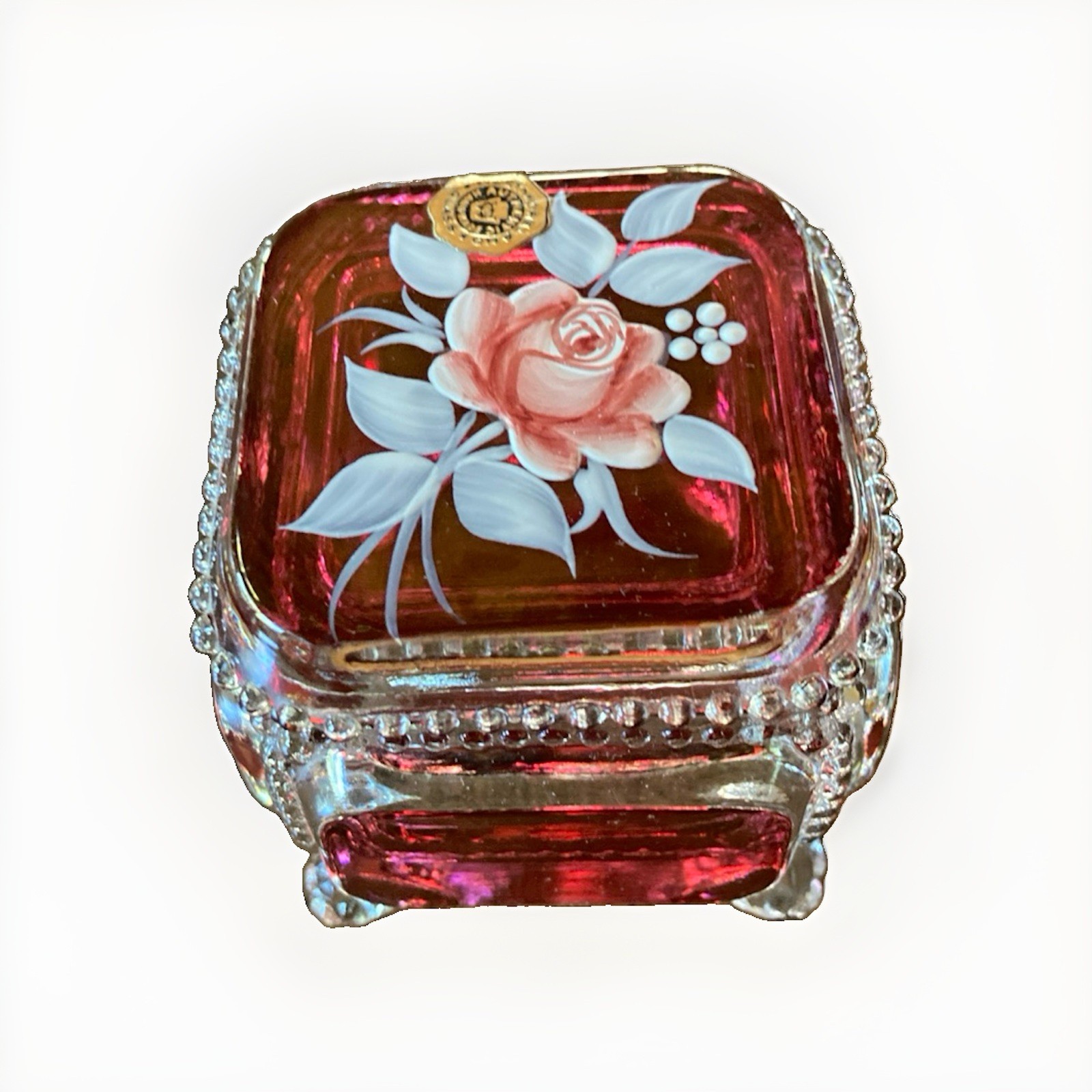 Vtg signed C Paltier 1978 Westmoreland Glass  square Cranberry Rose trinket box