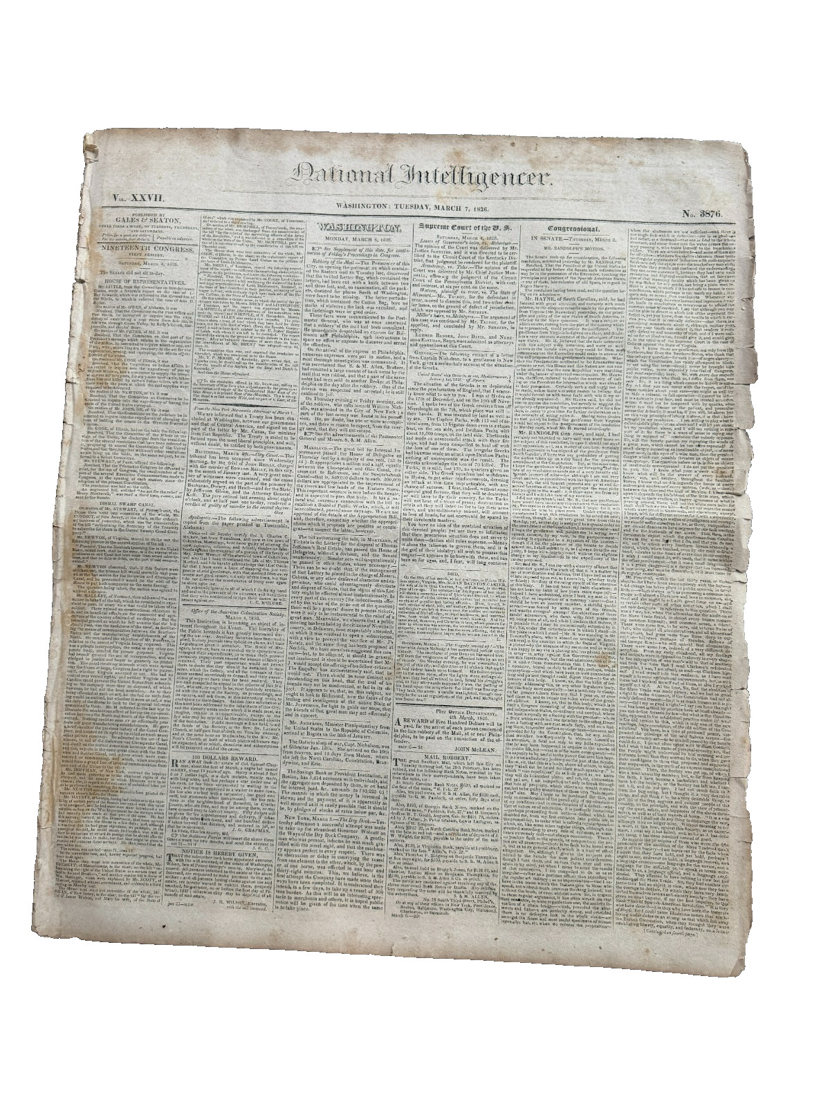 1826 National Intelligencer Newspaper Lot Washington DC Congress Slavery Adams E