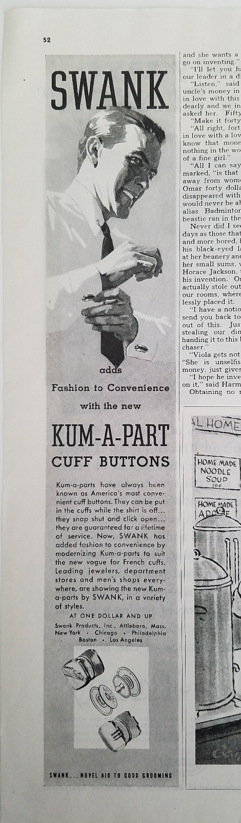 1937 men\'s Swank Kum A part cuff links buttons ads fashion jewelry ad