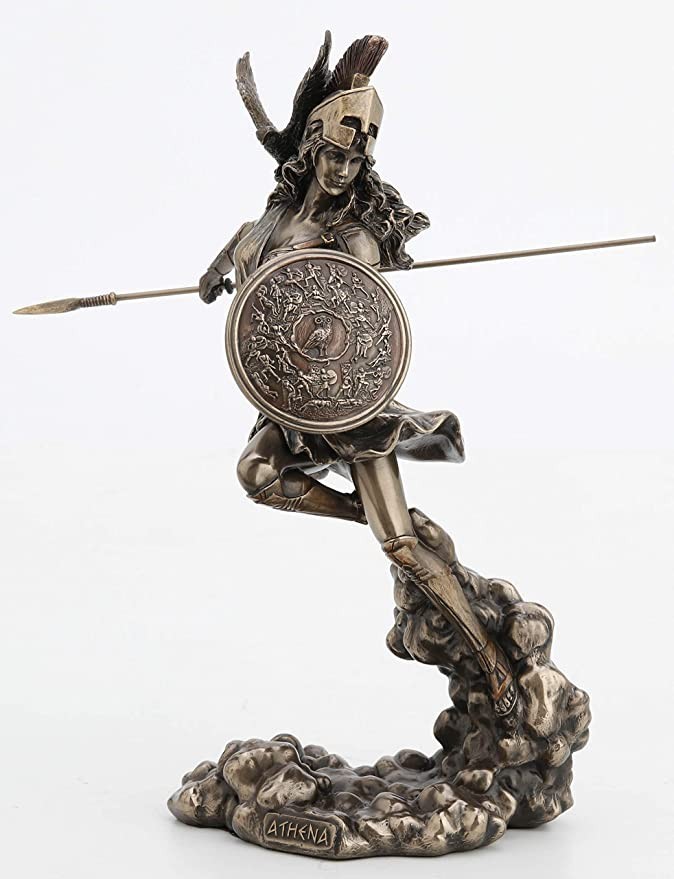 Cold Cast Bronze Greek Goddess Athena Holding Spear & Shield Religious Figurine