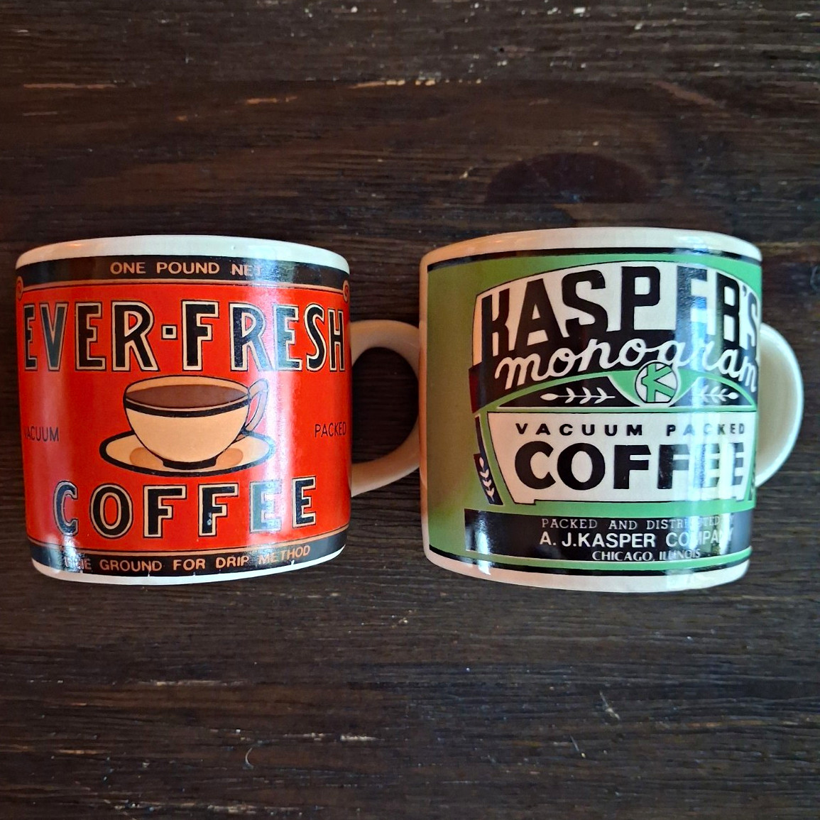 Vintage 1992 EverFresh Coffee ceramic mugs - Coffees of Yesteryear collection