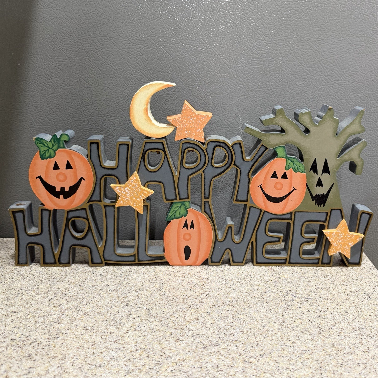 Vtg Happy Halloween Wood Sign Tabletop Mantel Home Decor Jack O'Lantern 14”x7.5”