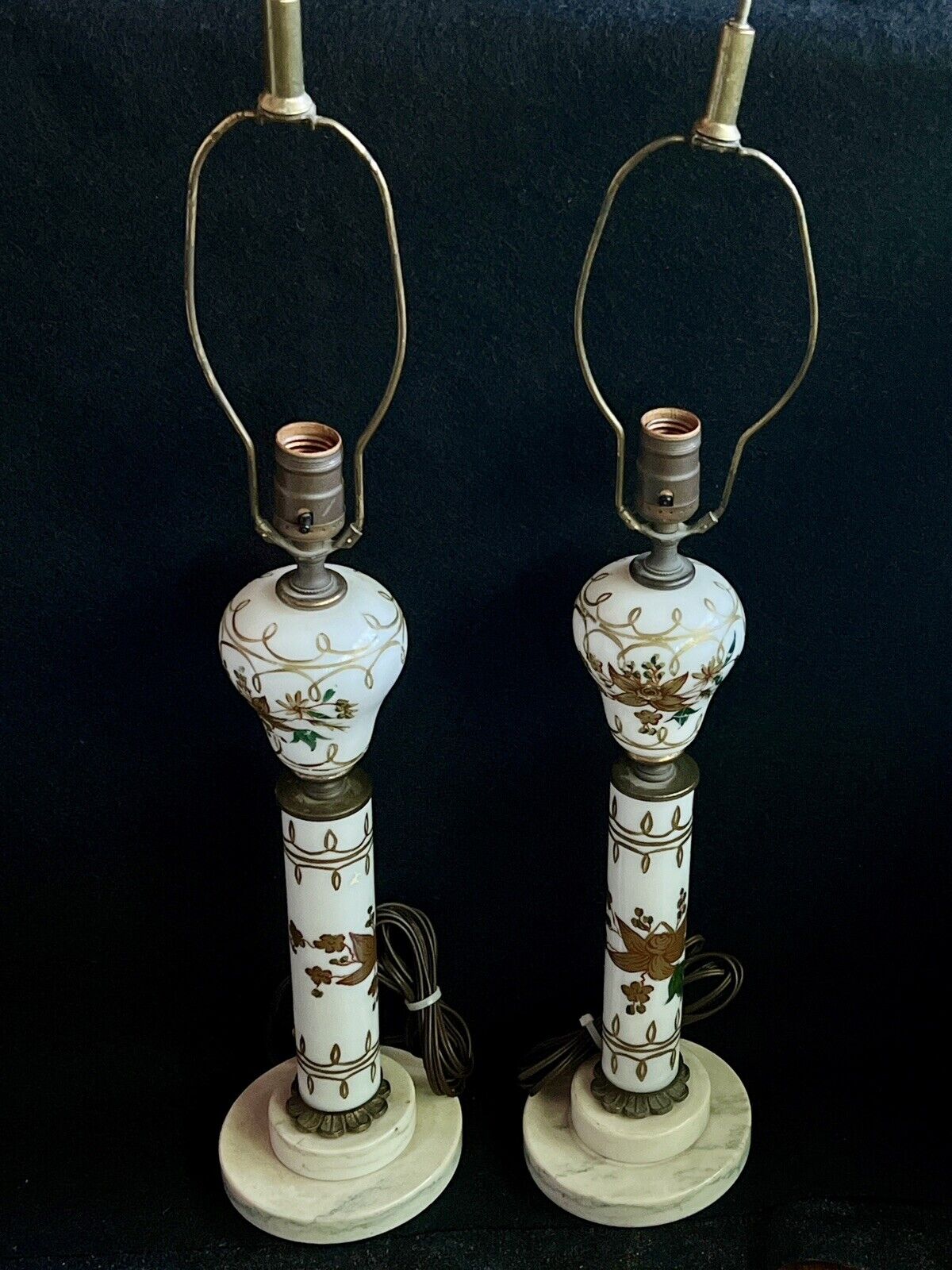 Vintage Pair Milk Glass Table Lamps Hand Painted  Porcelain Base 19