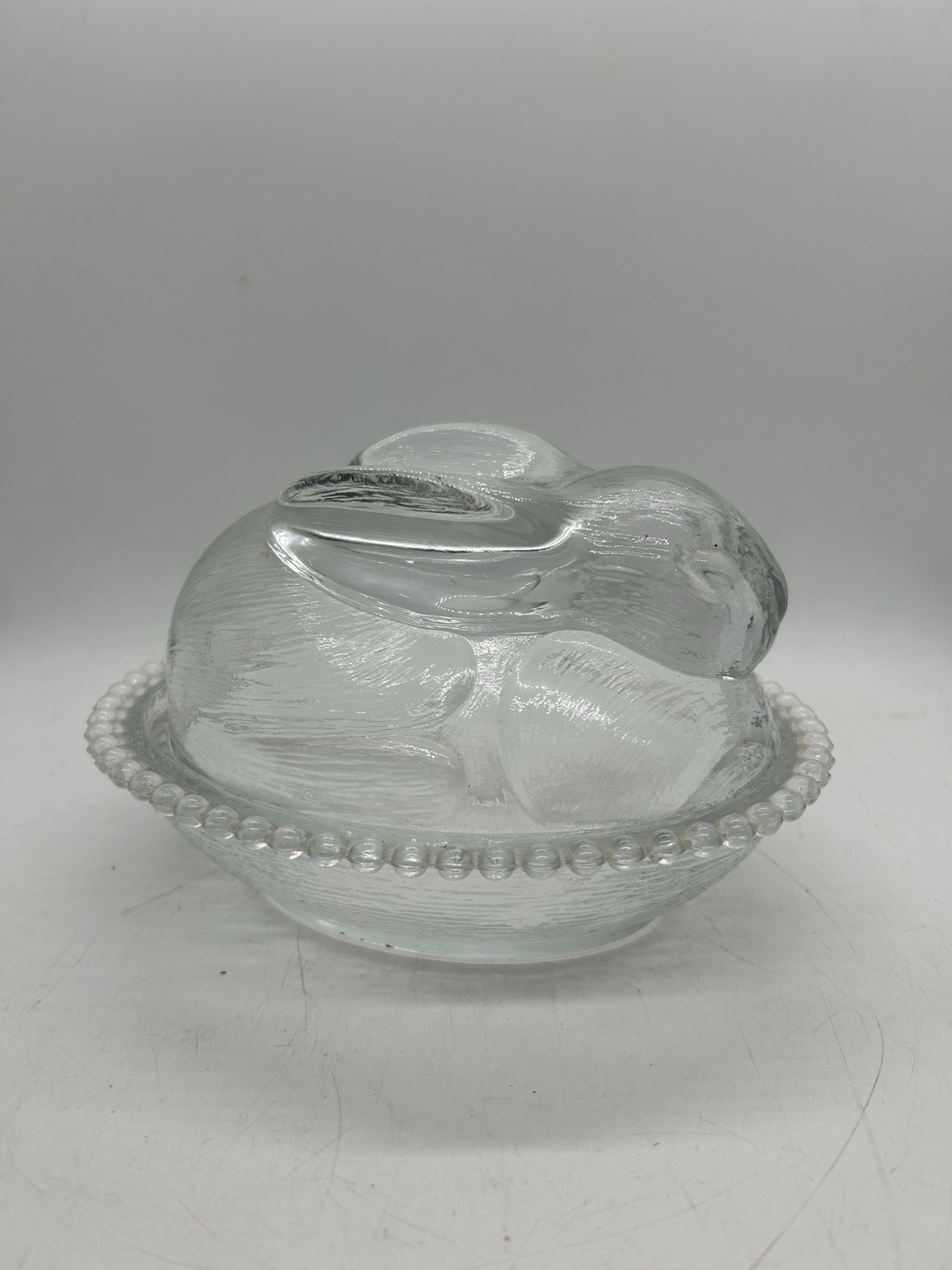 Vintage Indiana Glass Bunny Rabbit on Nest Clear Covered Candy Dish Easter 7\