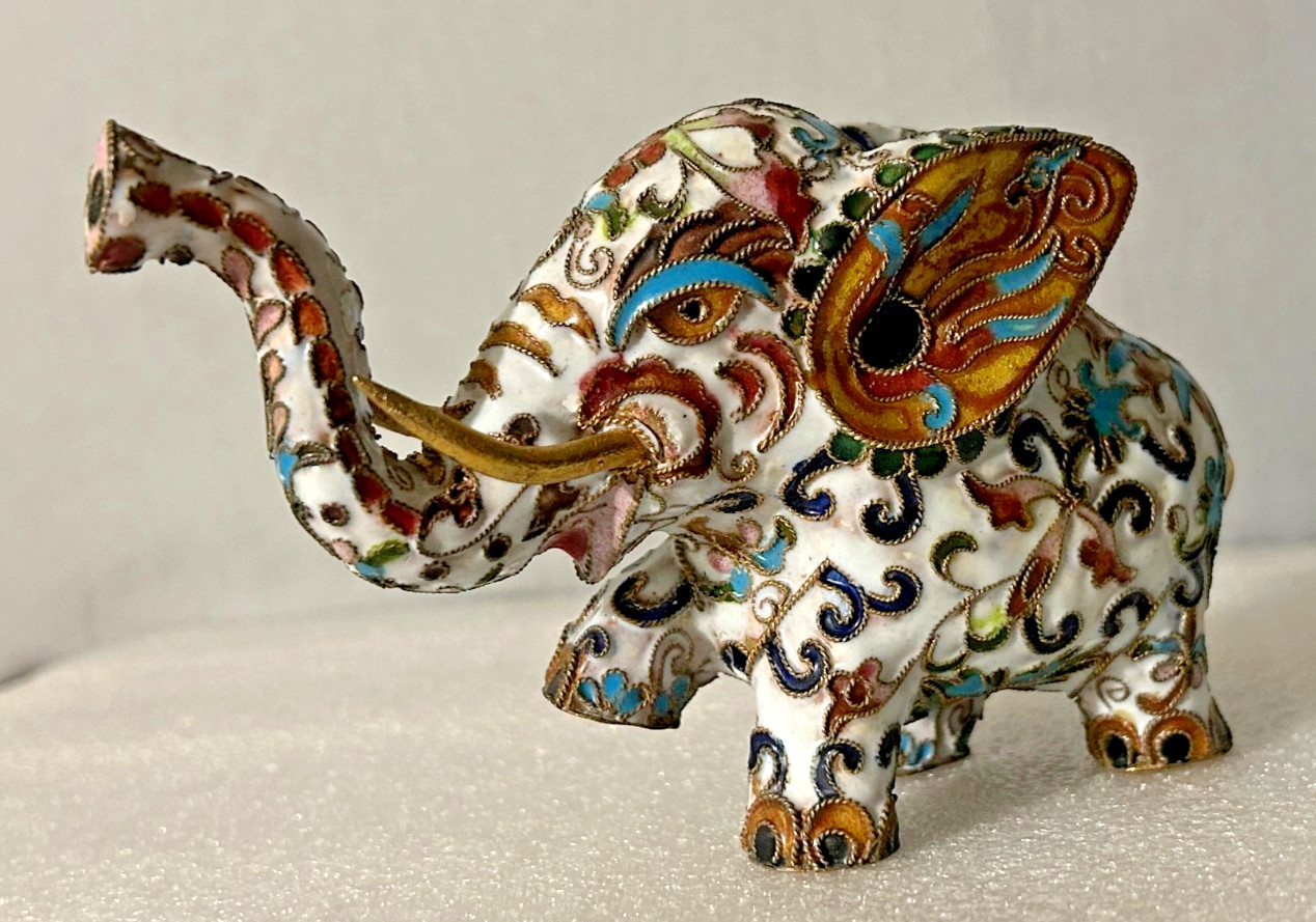 Vintage Cloisonne Enamel Elephant Figurine White Gold Gilt Chinese Copper