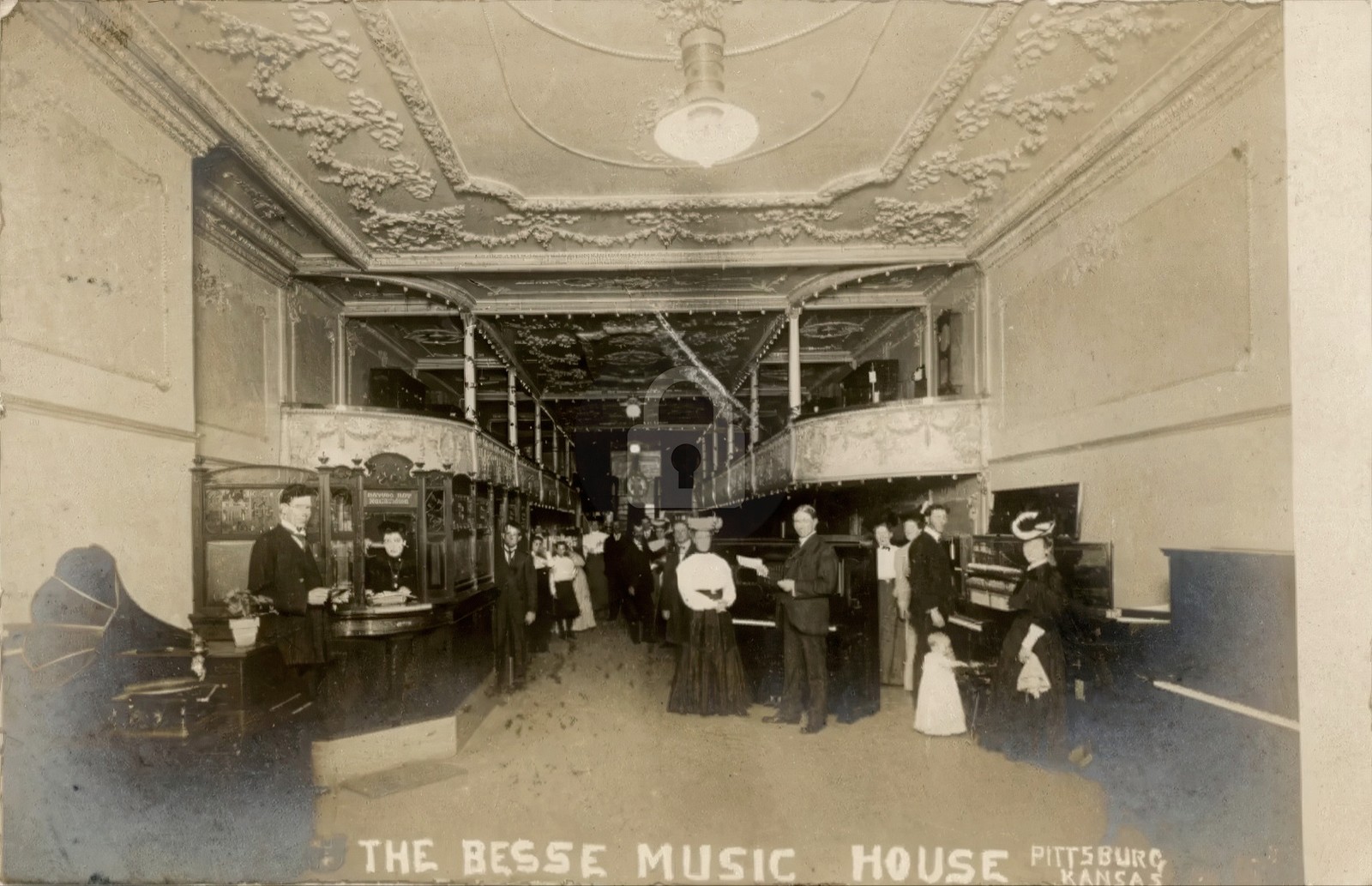 Pittsburg KS Kansas Besse Music House Interior Piano Store 1906 RPPC COPY