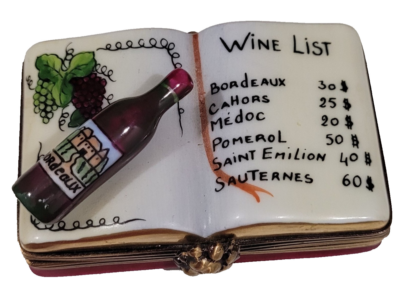 Vintage Limoges France Peint Main Wine List Book With Wine Bottle Trinket Box