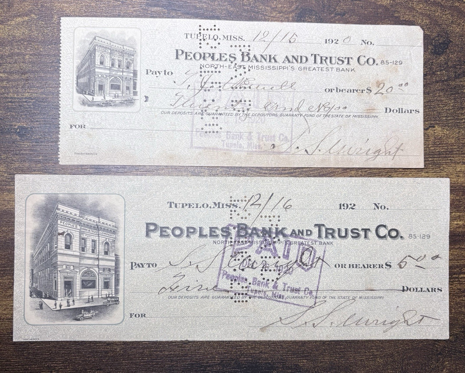 Vintage People’s Bank And Trust Co. Cancelled Checks - Tupelo, Miss. Lot Of 2 Vintage People’s Bank And Trust Co. Cancelled Checks - Tupelo, Miss. Lot Of 2