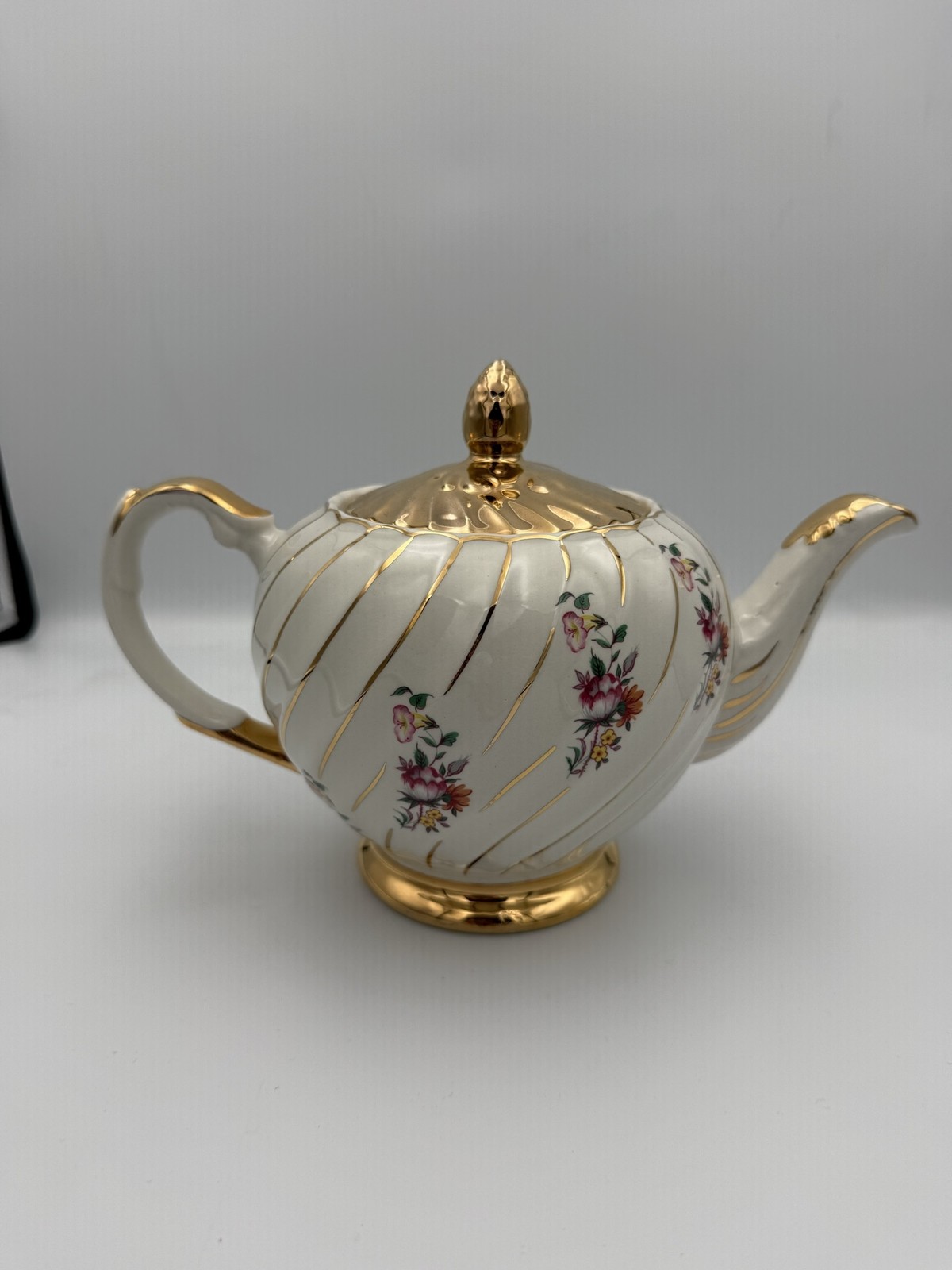 Vintage Ellgreave England Teapot Porcelain Cream Pink Floral Ornate Gold Gilt