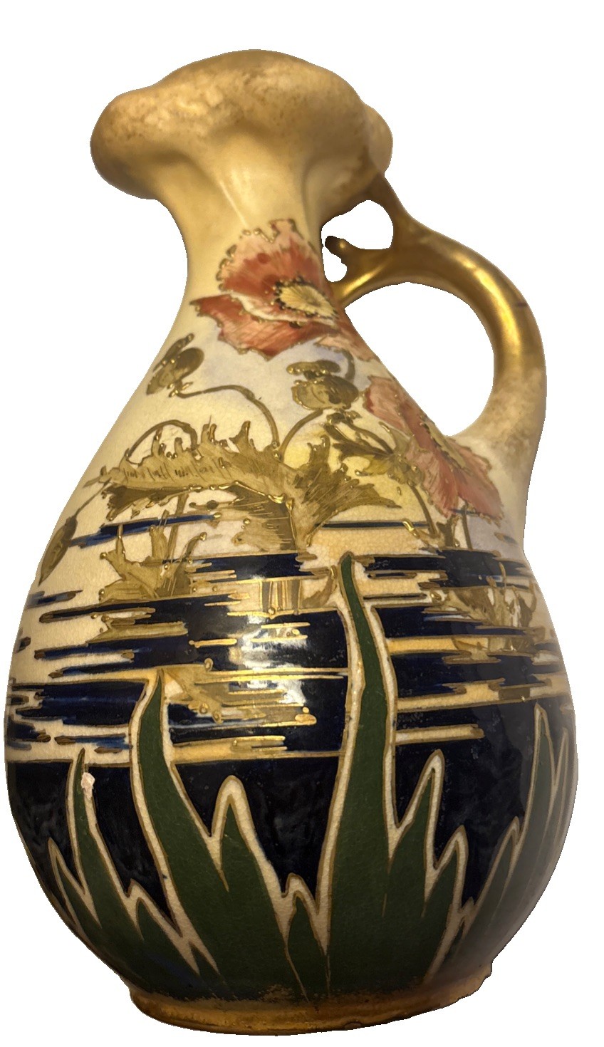 Antique RStK Amphora Turn Teplitz Poppy Landscape Ewer Pitcher Art Nouveau 9”