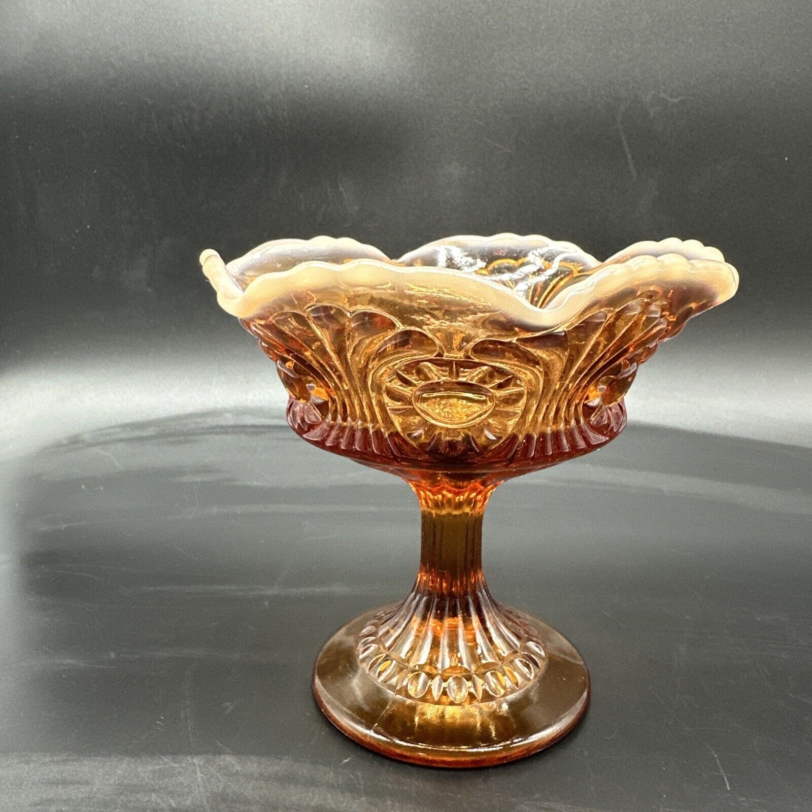 Vintage Fenton Art Glass Cameo Brown Opalescent Compote Label Eye And Scroll 5”