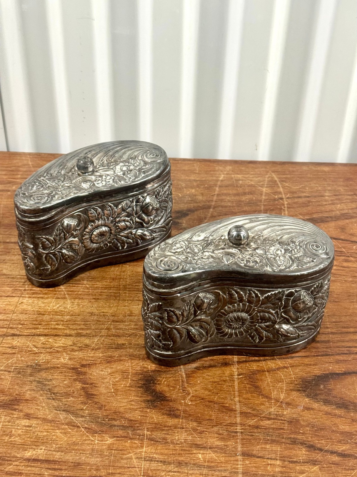 Pair Victorian Repoussé Kidney-Shaped Dresser Boxes by the Derby Silver Co.