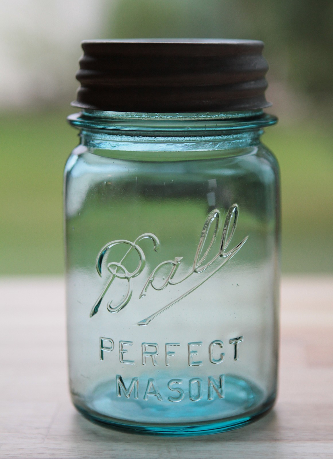 Vintage Ball Perfect Mason Blue Pint  Canning Jar, with footed a, 1910-1923.