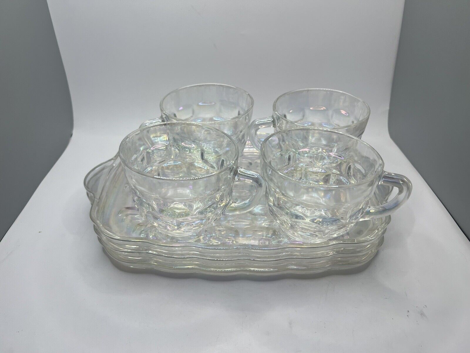Vintage Federal Yorktown Iridescent Thumbprint Carnival Glass Snack Sets