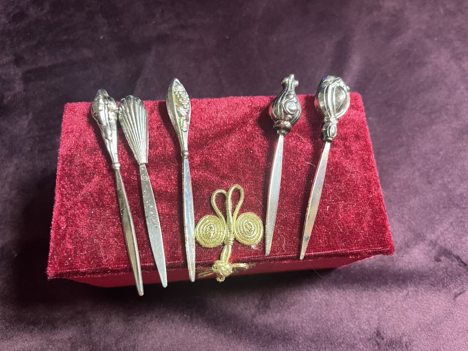 Vintage Art Deco Set of Five Stamped FINE SILVER APPY TOOTHPICKS Diff Motifs