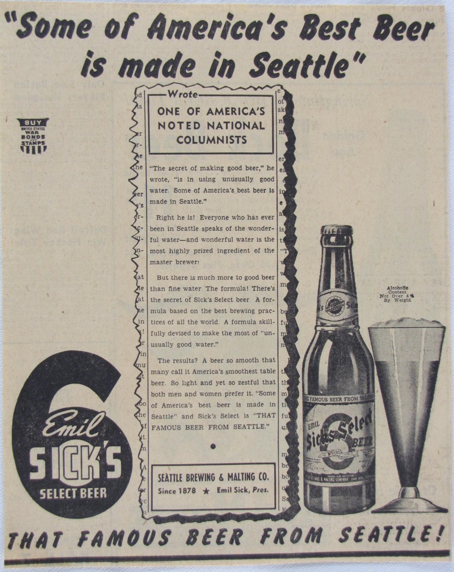 Vintage 1943 Emil SICK\'s Select Beer Bottle Newspaper Print Ad