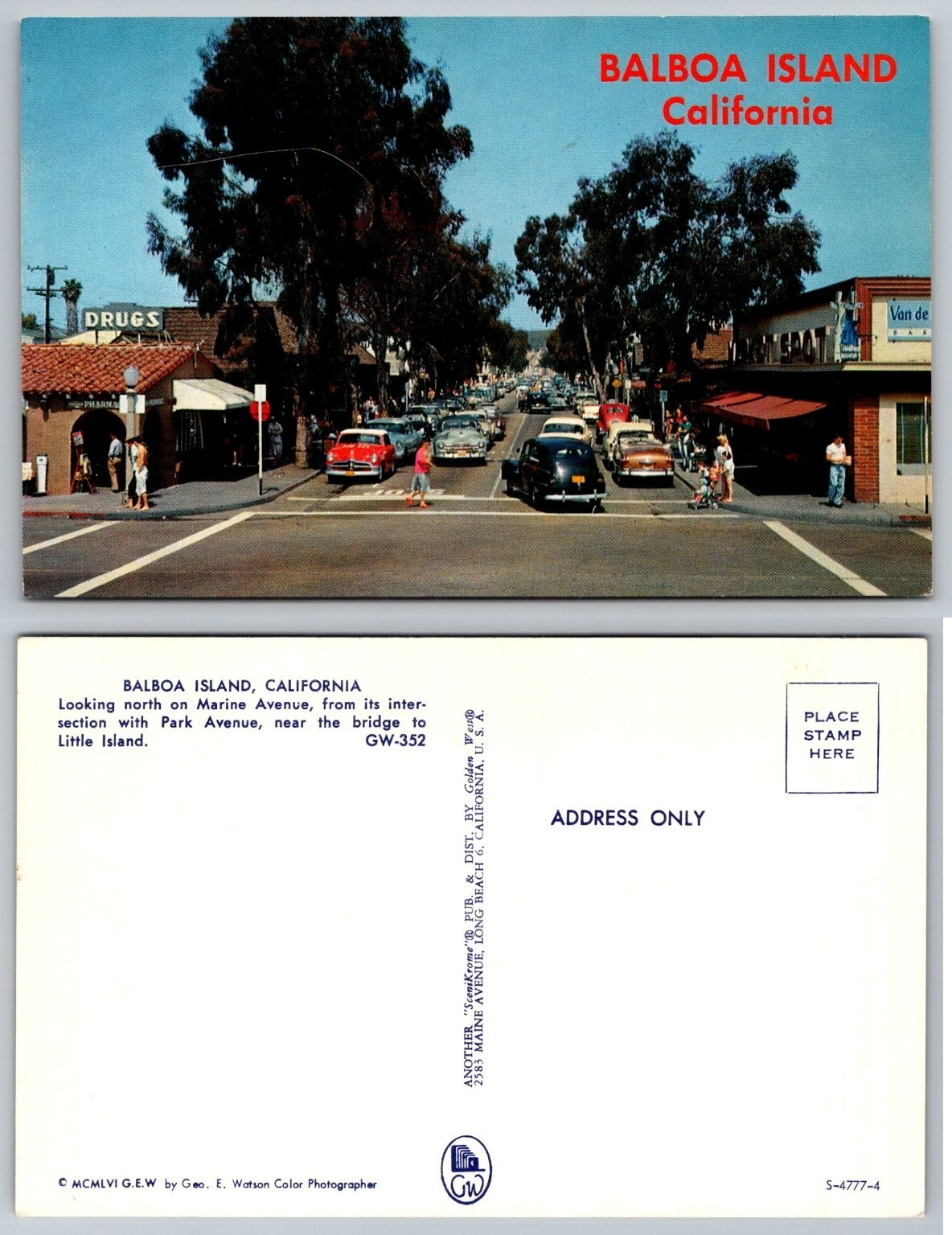 Balboa Island CA Marine Ave 1956 SceniKrome Postcard Cars & Shoppers Golden West
