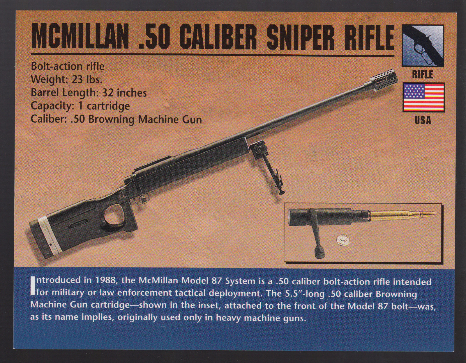 McMILLAN MODEL 87 .50 CALIBER SNIPER RIFLE Gun Classic Firearms PHOTO CARD