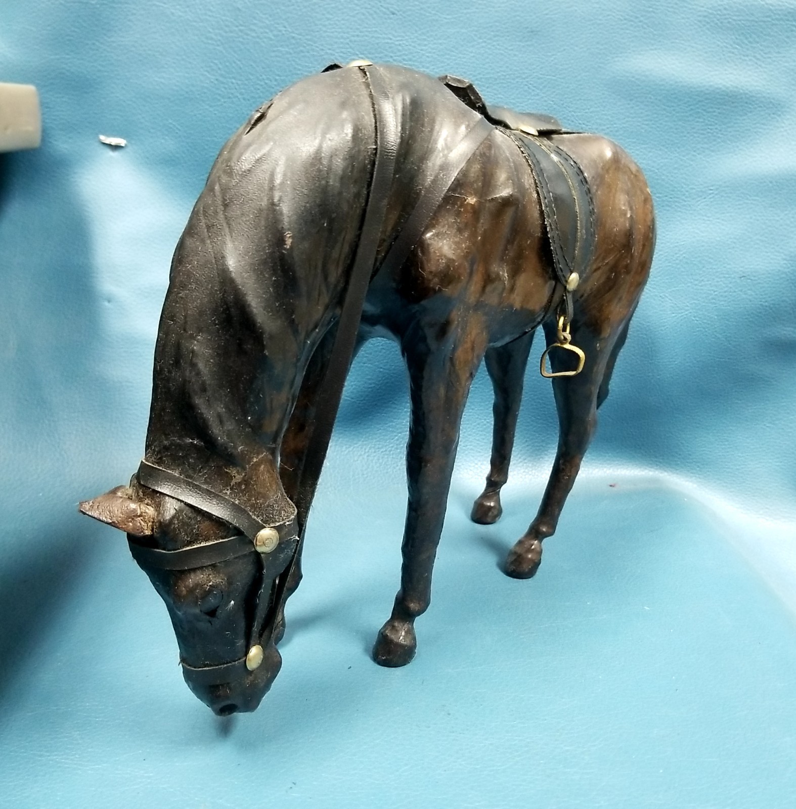 VTG Leather Wrapped Horse Figurine Sculpture w Saddle + Reigns 13\