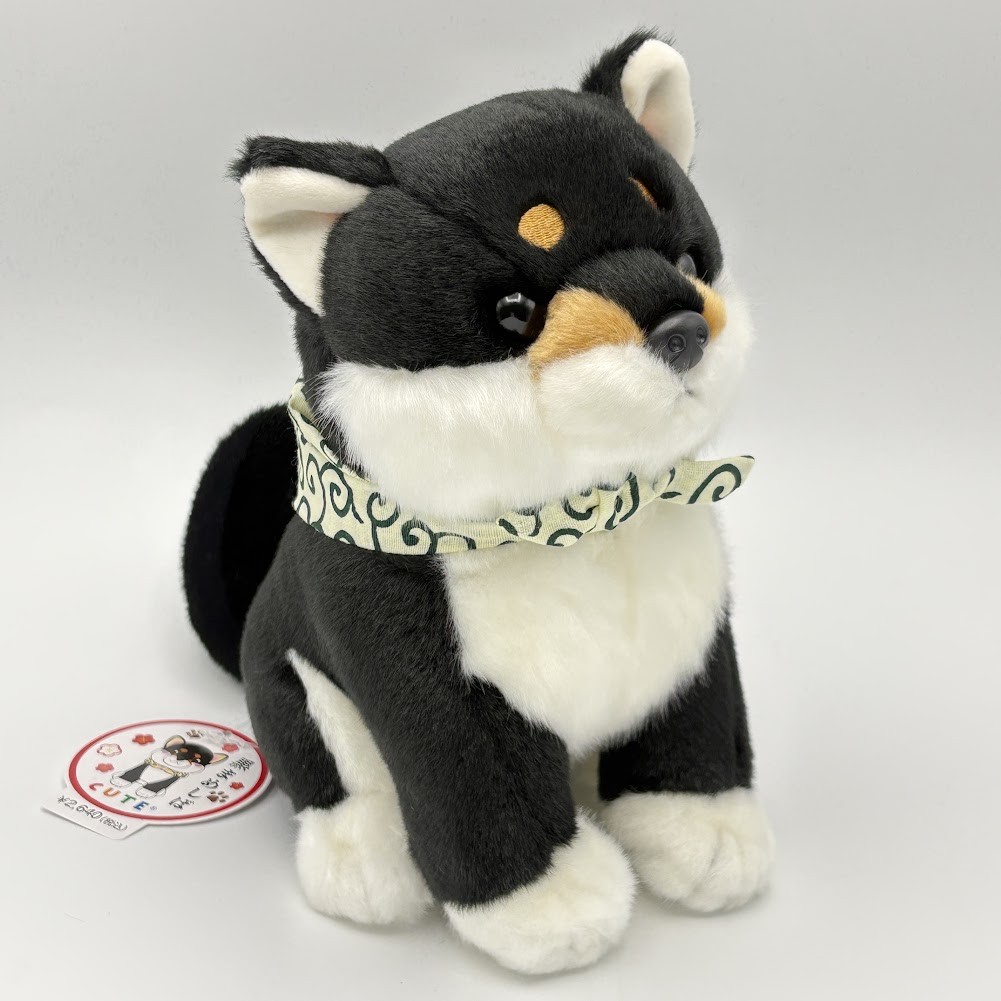 CUTE Black Mameshiba Dog Plush M Size Sitting Shiba Inu Stuffed Toy Bandana