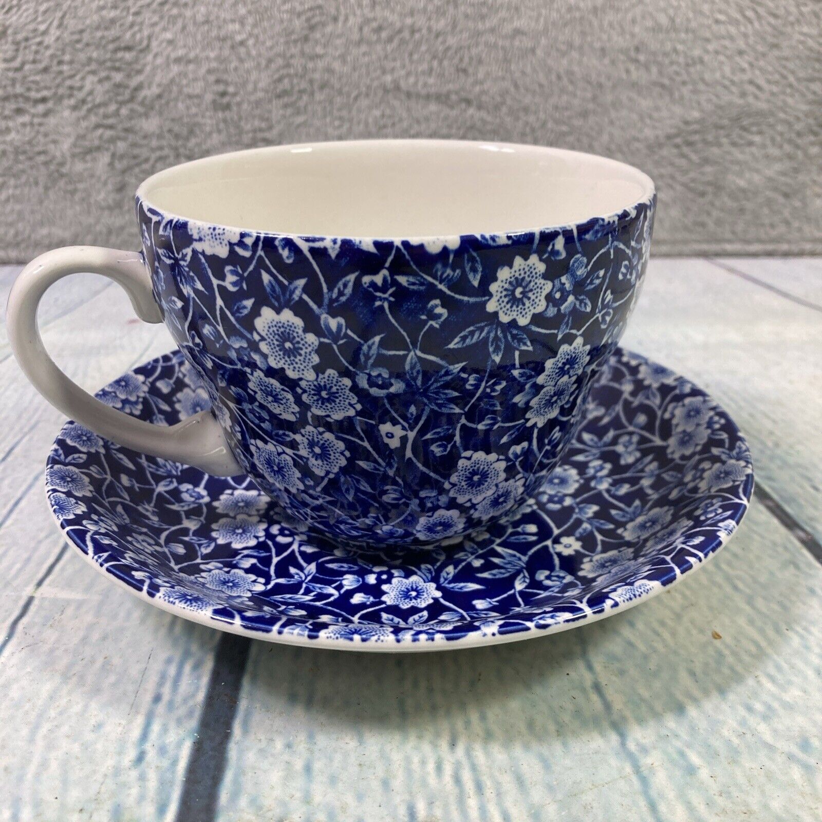 Calico Burleigh Breakfast Cup and Saucer Blue White Flowers Made in England